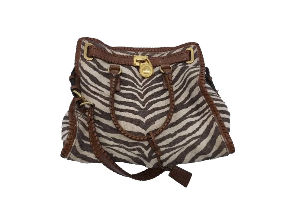 Michael Kors Hamilton Whipped Zebra Canvas Satchel Bag Brown Croc Leather Gold